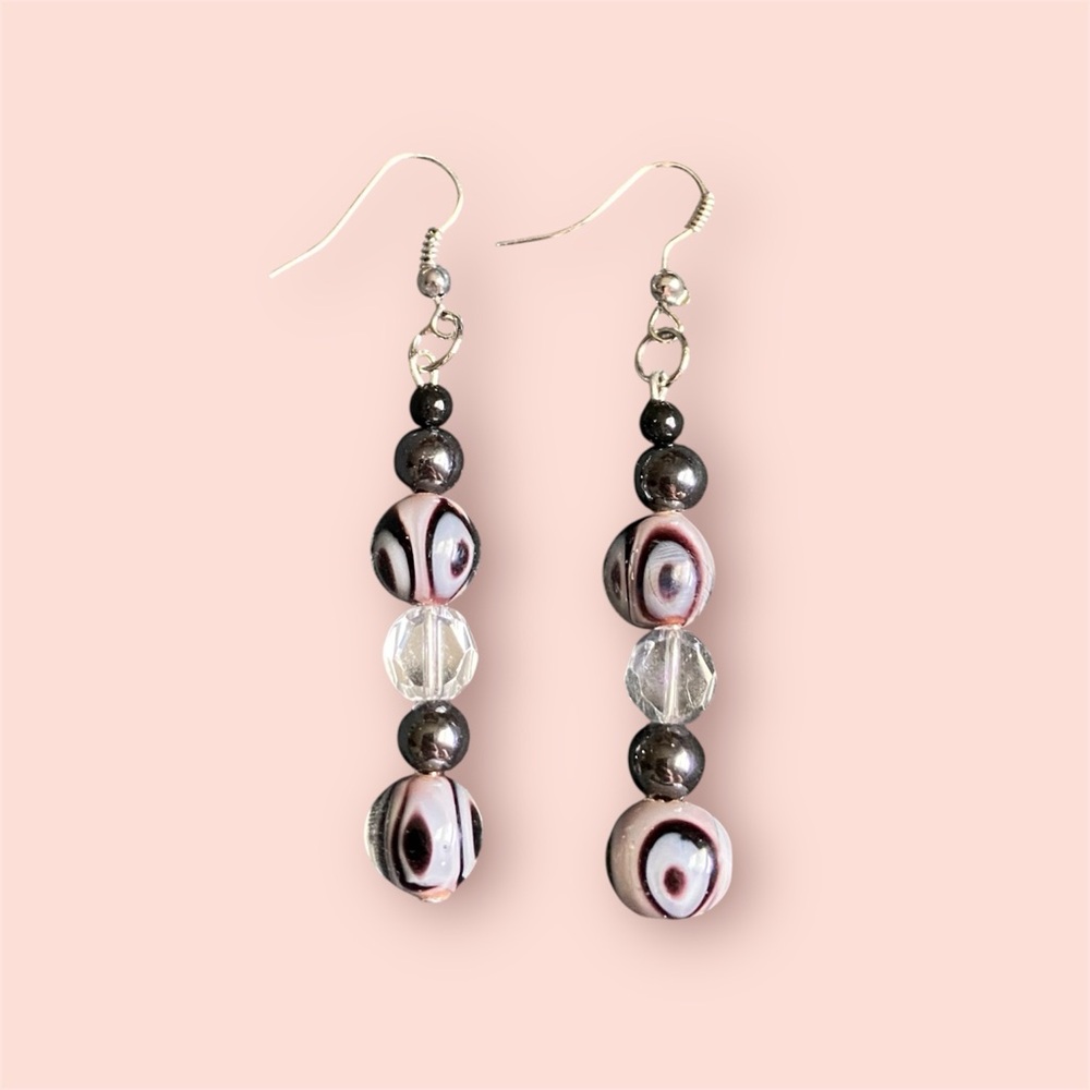 Handmade Pink Multicolored Patterned Beaded Dangle Drop Earrings